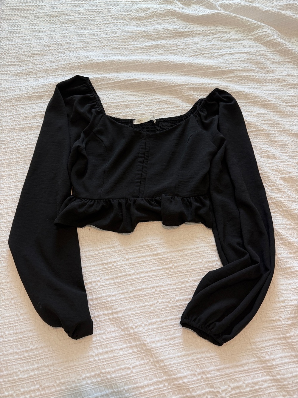 Altar'd State Black Ruffle-Hem Long Sleeve Crop Top
